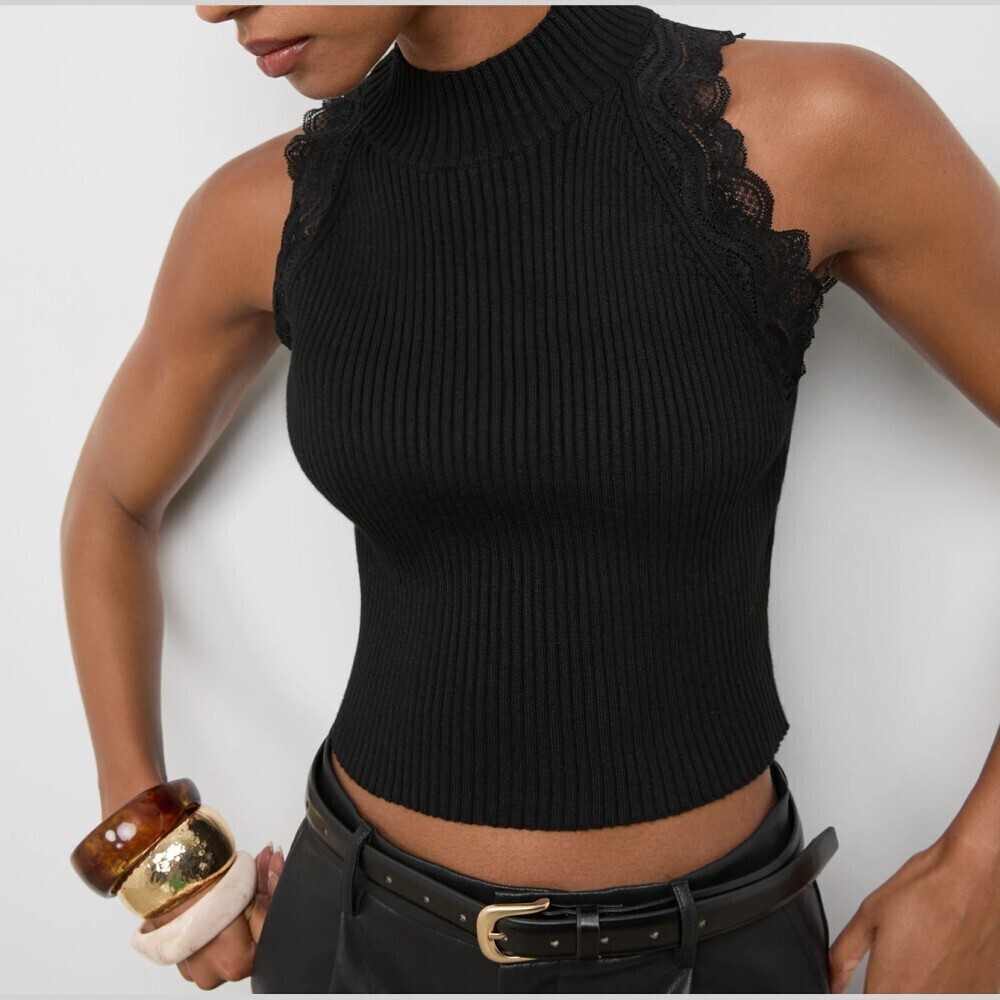 Black Ribbed Knit Lace Trim Mock Neck Cropped Tank Top